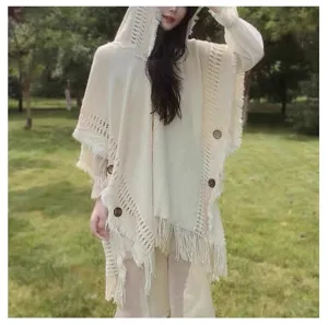 Womens hooded knitted cape poncho stylish fringe button sweater shawl outerwear outdoor