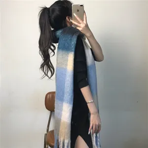 Thick blue plaid winter scarf with cozy color block design and fringe hem for women warmth