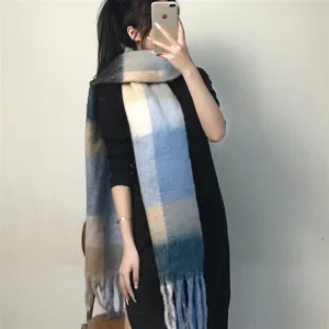 Cozy thick plaid scarf for women, trendy blue beige color block with fringe tassels. Soft warm.