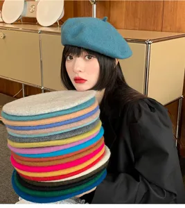 Women wool beret winter retro painter hat solid color stylish fashion autumn warm cap