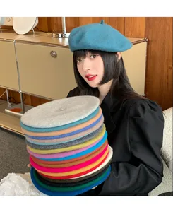 Korean style wool beret hat for women, vintage candy color winter woolen painter cap detail view.