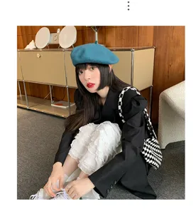 Korean retro wool beret hat for women autumn winter candy color stylish painter cap detail view