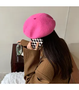 Pink wool beret hat detail view, cozy autumn winter retro Korean fashion style piece