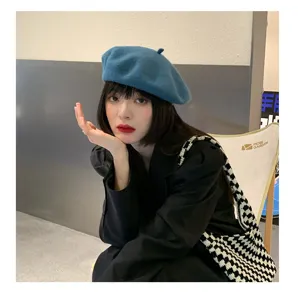 Blue wool beret hat detail, chic Korean style retro painter hat for women autumn and winter.