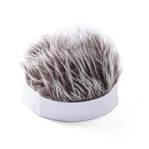 Close-up detail of the funny fake hair beanie cap, highlighting the spiky wig and brimless design.