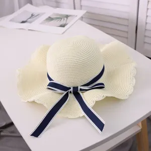 Women summer beach sun hat with bow, wide brim straw hat for vacation and daily travel.