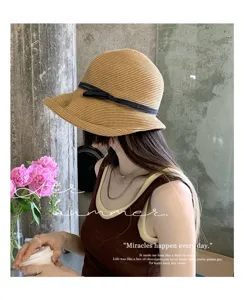 Summer straw sun hat for women, Hepburn style wide brim beach hat with ribbon decor.