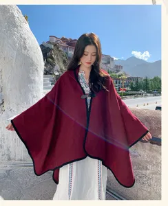 Women winter warm cape shawl thick button open split cloak travel photography outfit