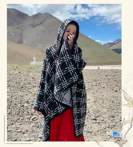 Women winter black white plaid hooded cloak thick warm slit long shawl travel photography outdoor