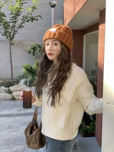 Caramel knit beanie for women, autumn winter slouchy warm knitted hat, daily fashion accessory.