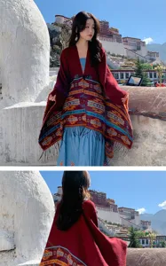 Detail view of the ethnic style oversized red sun protection shawl, perfect for travel and beach.
