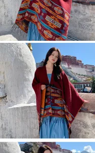 Ethnic style geometric patterned shawl cape, ideal for travel and sun protection.
