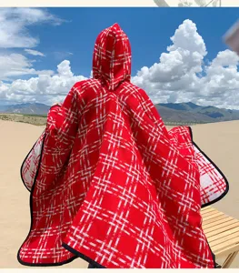 Red and white plaid hooded long cloak shawl, thickened warm travel cape for women outdoor.