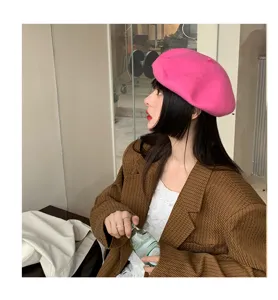 Stylish women wool beret hat candy pink retro painter cap chic autumn winter accessory