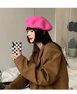 Pink wool beret for women, winter retro Korean style candy color woolen painter hat detail.