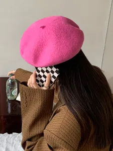 Stylish women wool beret hat winter pink retro painter cap korean chic autumn headwear.