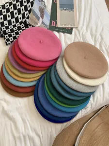 Korean style woolen beret hat for women, retro candy colors winter warm painter cap for daily wear.