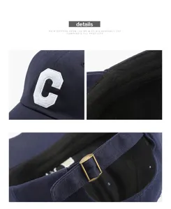 Classic navy blue baseball cap with white C embroidery and adjustable metal buckle strap.