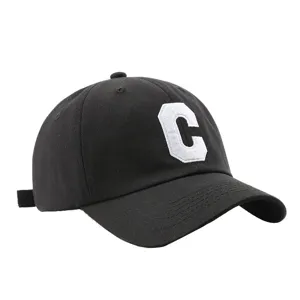 Classic black baseball cap with white embroidered letter C, adjustable casual sun hat.