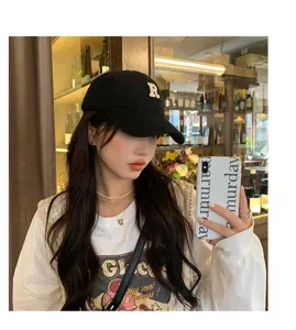 Gorra de béisbol negra para circunferencia grande con bordado R, estilo retro unisex.