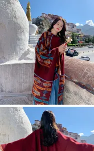 Ethnic style oversized sun protection shawl scarf, red geometric pattern travel cape for women.