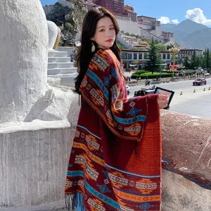 Ethnic style tassel shawl and scarf for women, perfect for travel, sun protection, and daily wear.