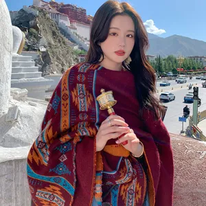Bohemian ethnic style oversized sun protection shawl for women, versatile travel beach scarf.