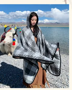 Autumn winter hooded geometric pattern long cape shawl with button closure, travel style.