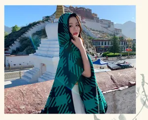 Autumn winter thick warm hooded cloak shawl, travel photo geometric long cape for women.