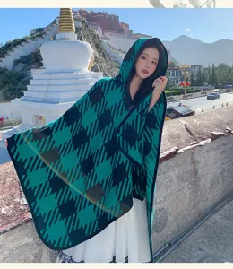Autumn winter hooded cloak shawl green black check warm poncho travel fashion outerwear