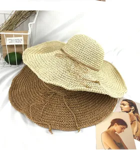 Damen Sommer Strand Strohhut handgefertigt hohl grosser Krempe Sonnenschutz faltbar