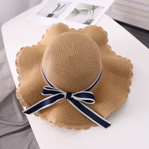 Women summer straw sun hat wide brim beach travel floppy hat with elegant blue bow tie ribbon
