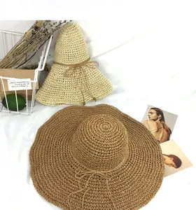 Damen Sommer Strohhut grosser Krempe Strand Sonnenhut hohl handgemacht faltbar UV Schutz