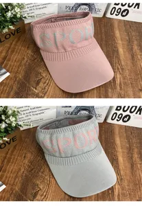 Knitted empty top sun visor hat in pink and grey with sporty letter knit design detail.