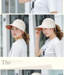 Beige empty top sun hat wide brim floral print uv protection summer beach hat detail view