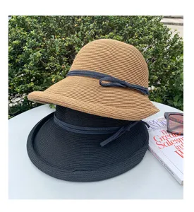Women summer straw hat Hepburn style wide brim sun beach UV protection foldable sunshade hat