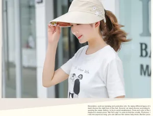 Women summer sun visor hat with empty top, big brim, and delicate floral pearl decor.