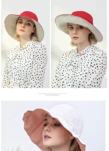 Detailed view of women's reversible bucket hat with wide brim, sun protection and stylish design.