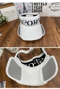 White empty-top sun visor hat detail, breathable knit fabric with extendable side panels.