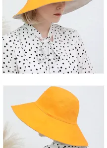 Detail view of the yellow sun hat with wide brim, worn by model with polka dot blouse.