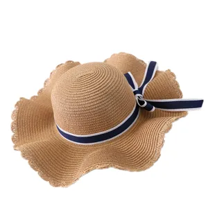 Women Kids Summer Straw Hat Large Brim Foldable Beach Sun Hat Bow Ribbon Casual Outdoor Sun Protection Hat