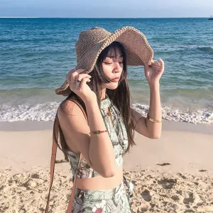 Geflochtener Stroh-Sonnenhut für Damen Sommer Strand breite Krempe faltbar schick