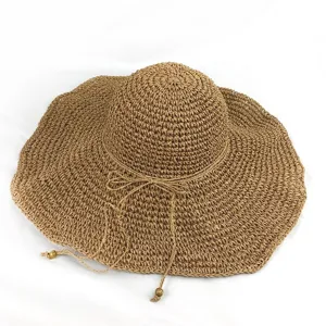 Damen Strohhut mit breiter Krempe Strand Sommer Sonnenhut hohles geflochtenes Design mit Perlen