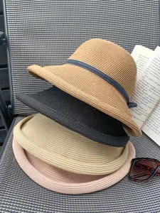 Womens summer straw hat foldable Hepburn style sun protection beach wide brim hat multi color