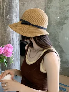 Summer women's straw sun hat Hepburn style foldable beach UV protection sunshade hat