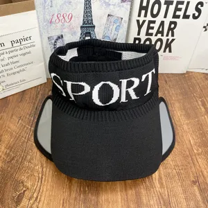 Black empty top sun visor hat for women, knitted sports cap with letters, summer outdoor riding.