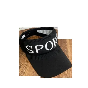 Black knitted empty-top sun visor hat with white sport letter woven design for outdoor sports.
