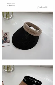 Detailed view of the black straw sun visor with beige strap, elegant summer beach hat design.
