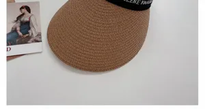 Women straw visor sun hat summer beach empty top anti UV braided cap with black band
