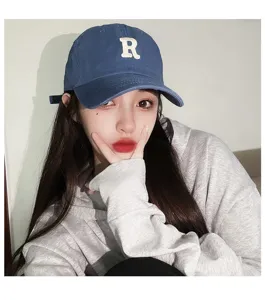 American vintage washed cotton baseball cap with letter R embroidery for men women.